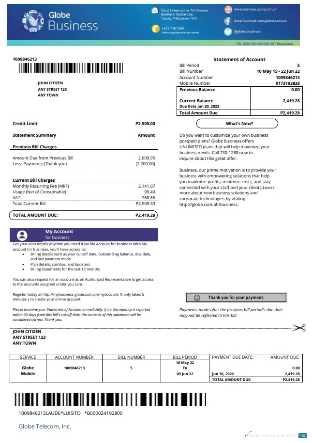 download download Philippines Globe Business utility bill template in Word and PDF format PDF template PDF template